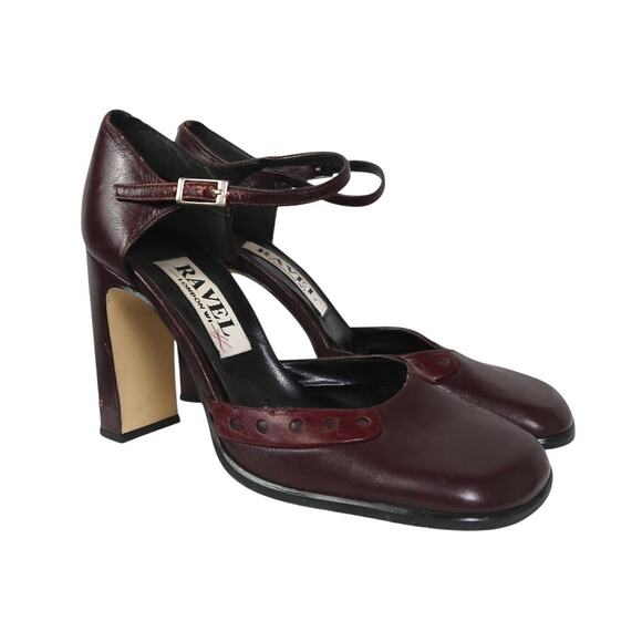 Vintage 90s Ravel Burgundy Plum Leather Square Toe Ankle Strap Heels 6 - Picture 1 of 8